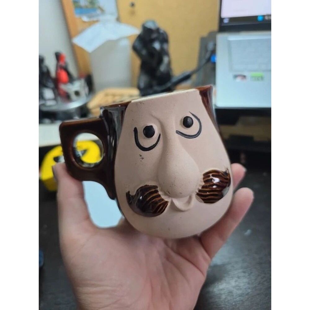 Vintage 1977 Spencer Gifts Mustache Cup Brown Coffee Mug w/ Face